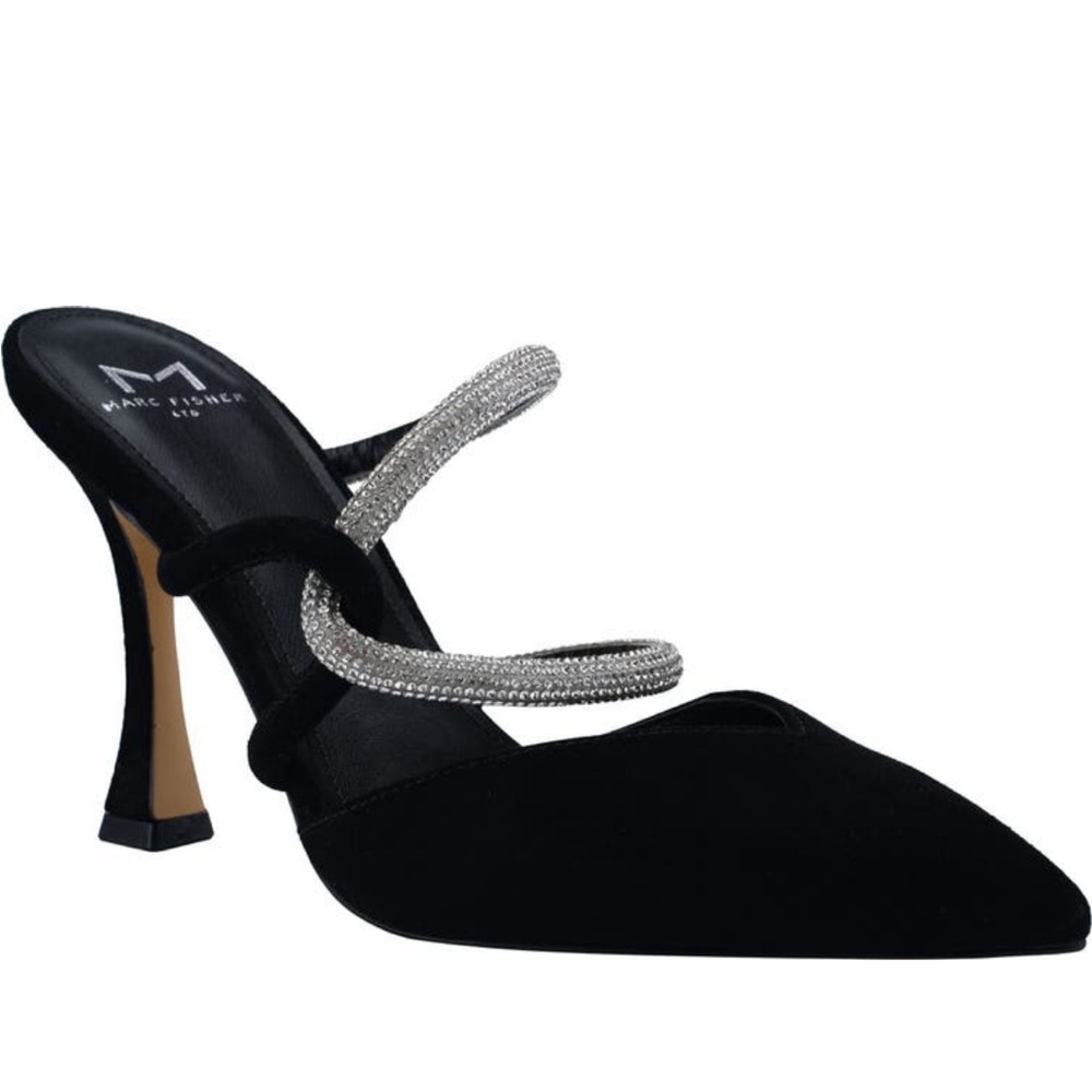 NWT Marc Fisher Black Suede Mules w/ Glam Straps, Sz 7.5 on Box (Fits Like a 7)